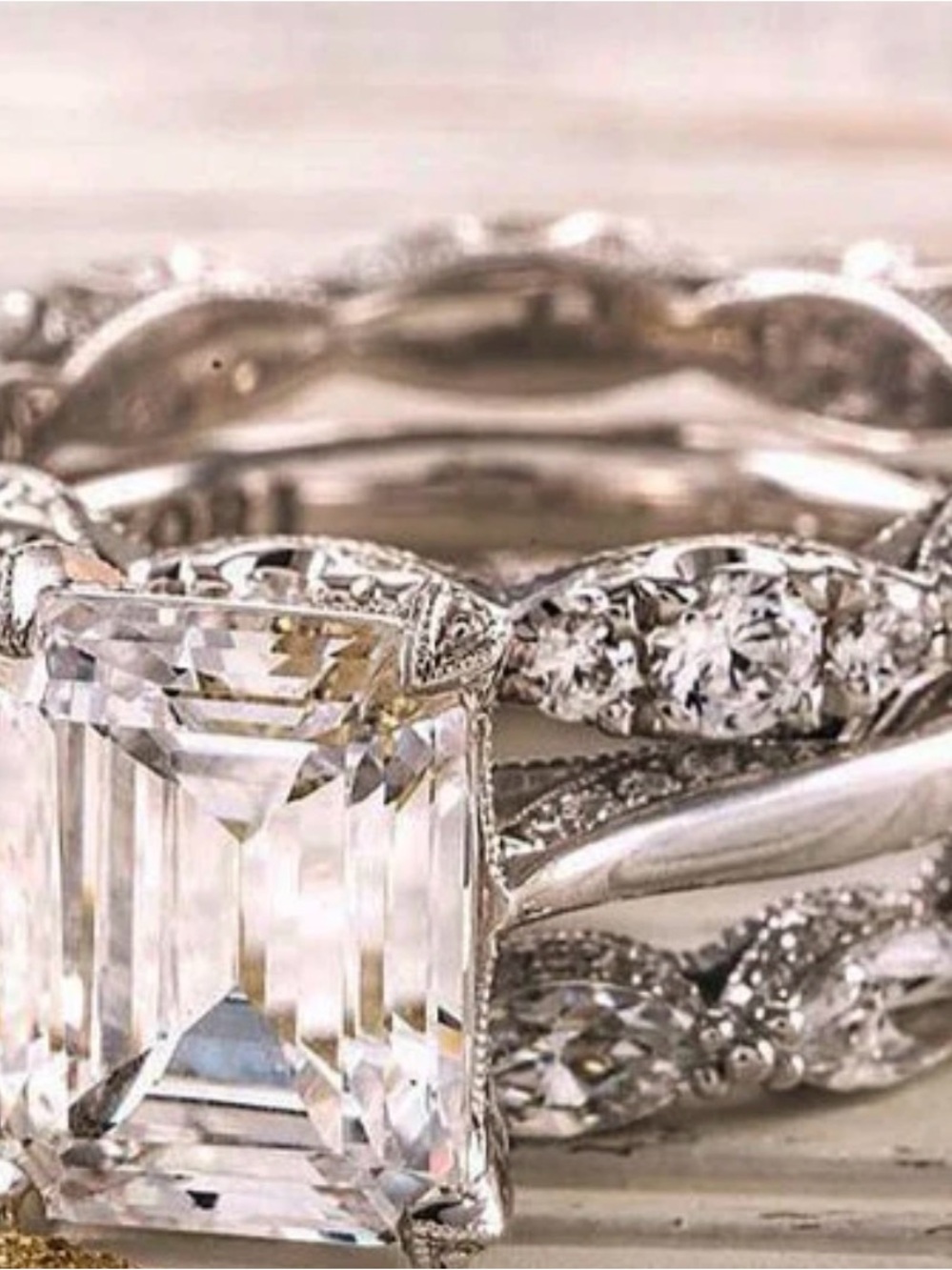 White Solitaire Emerald-Cut Ring with Diamond Accent Band-CZ
